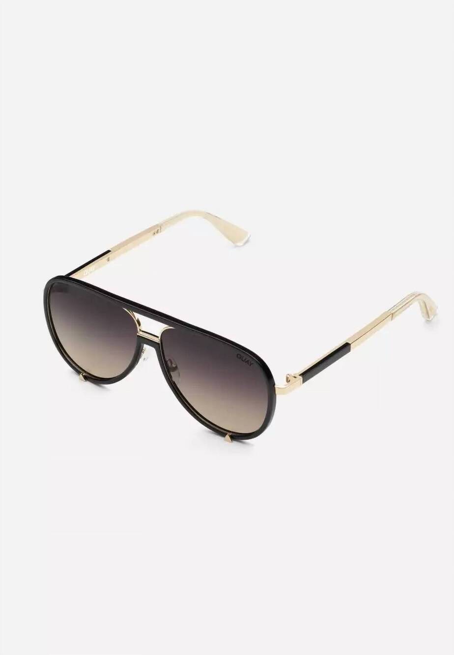 NEW QUAY women's high profile sunglasses in black gold/smoke taupe polarized
